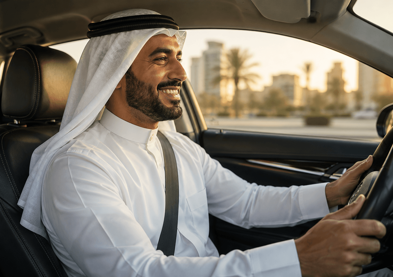 Smiling Saudi Ailoo taxi driver in thobe driving through Riyadh at sunset